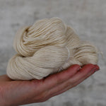 Hand holding a skein of beige yarn against a neutral background