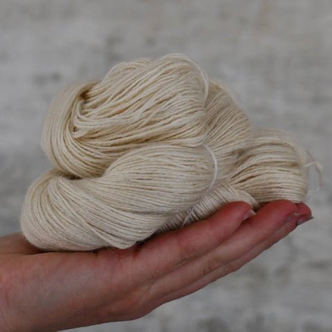 Hand holding a skein of beige yarn against a neutral background